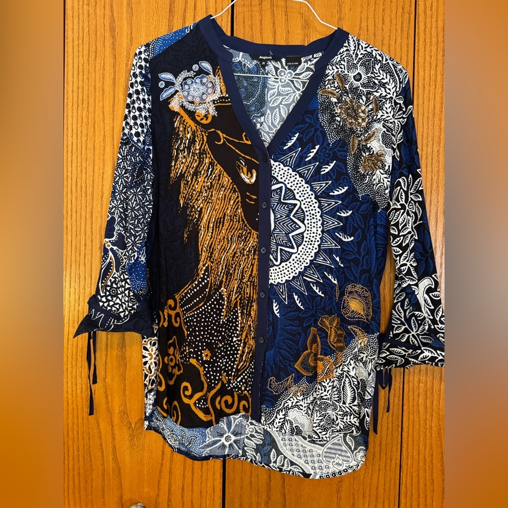 Desigual Impressions Navy and White Blouse with Gold Accents